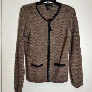 Tahari merino wool zip up cardigan - camel/light brown color